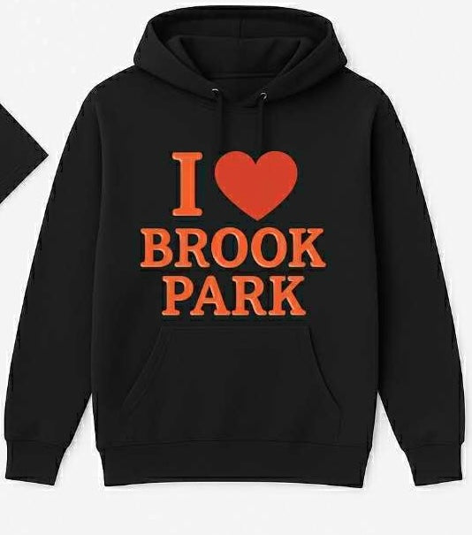 Black hoodie with 'I ❤️ BROOK PARK' text on a white background