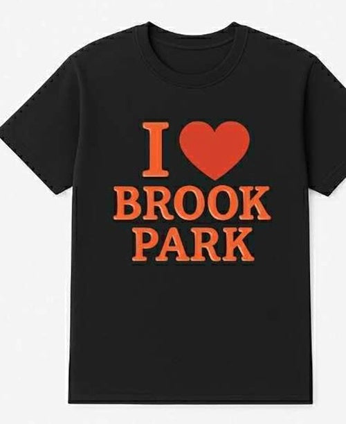 Black t-shirt with 'I ❤️ BROOK PARK' text on a white background