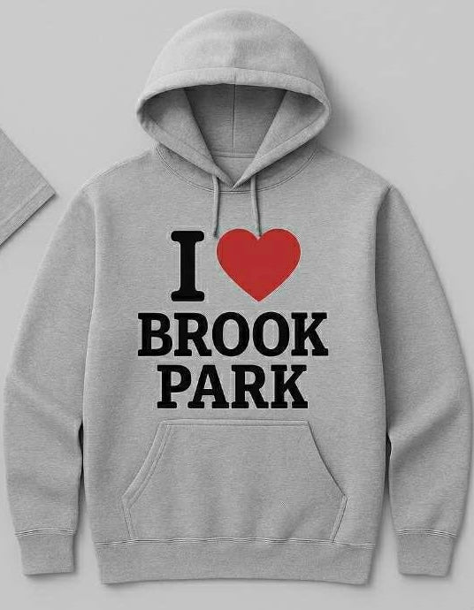 Gray hoodie with 'I ❤️ BROOK PARK' text on a light gray background