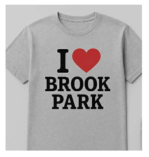 Gray t-shirt with 'I ❤️ BROOK PARK' text on a gray background