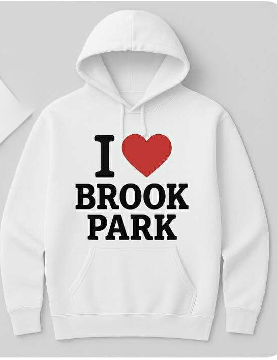 White hoodie with 'I ❤️ BROOK PARK' text on a white background