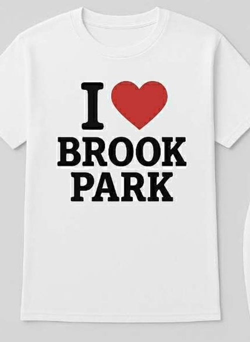 White t-shirt with 'I ❤️ BROOK PARK' text on a white background